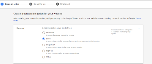 Choose the action you want to track